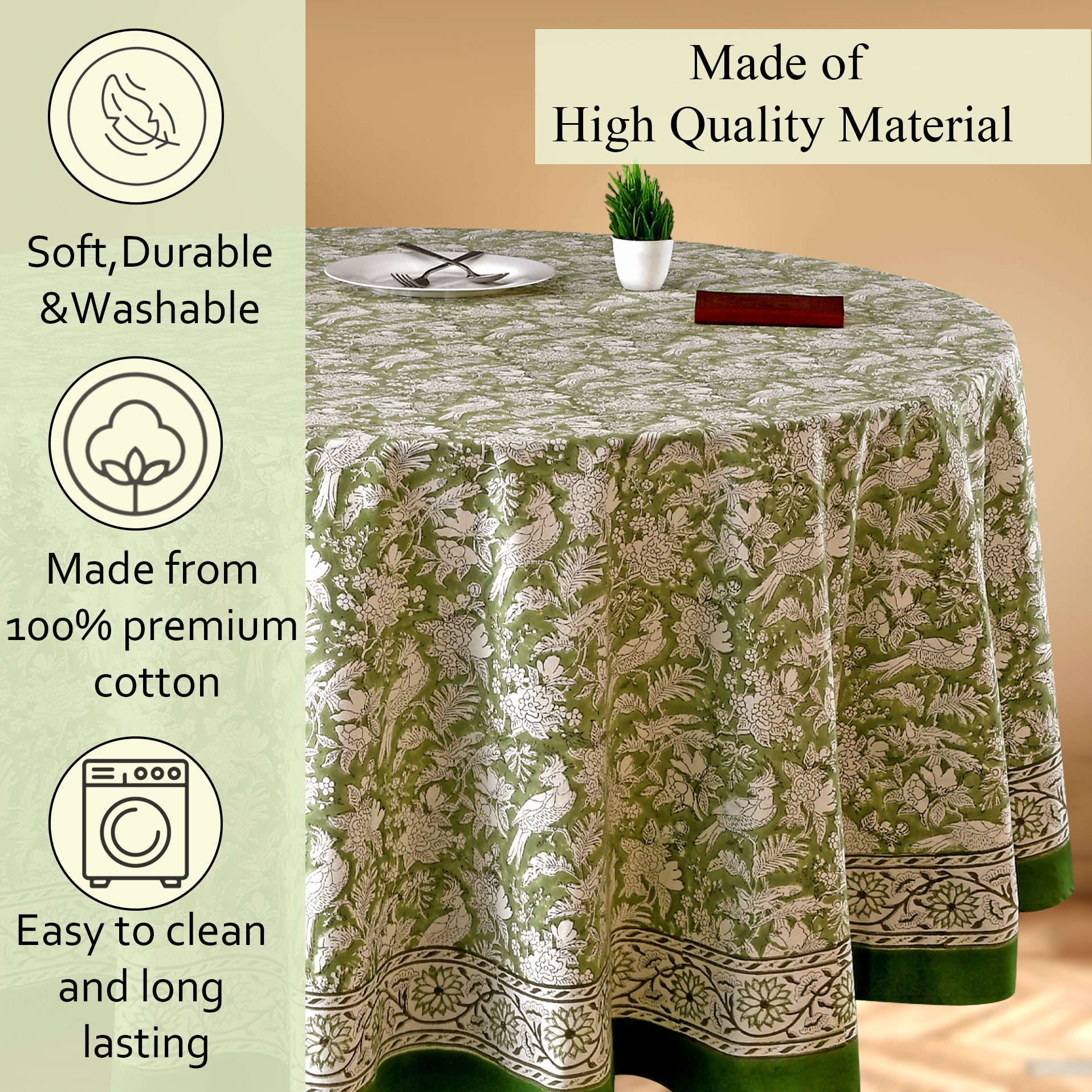green and white round table cloth on round table with green border lining