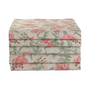Stack of neatly folded tan and pink floral napkins on a white background.