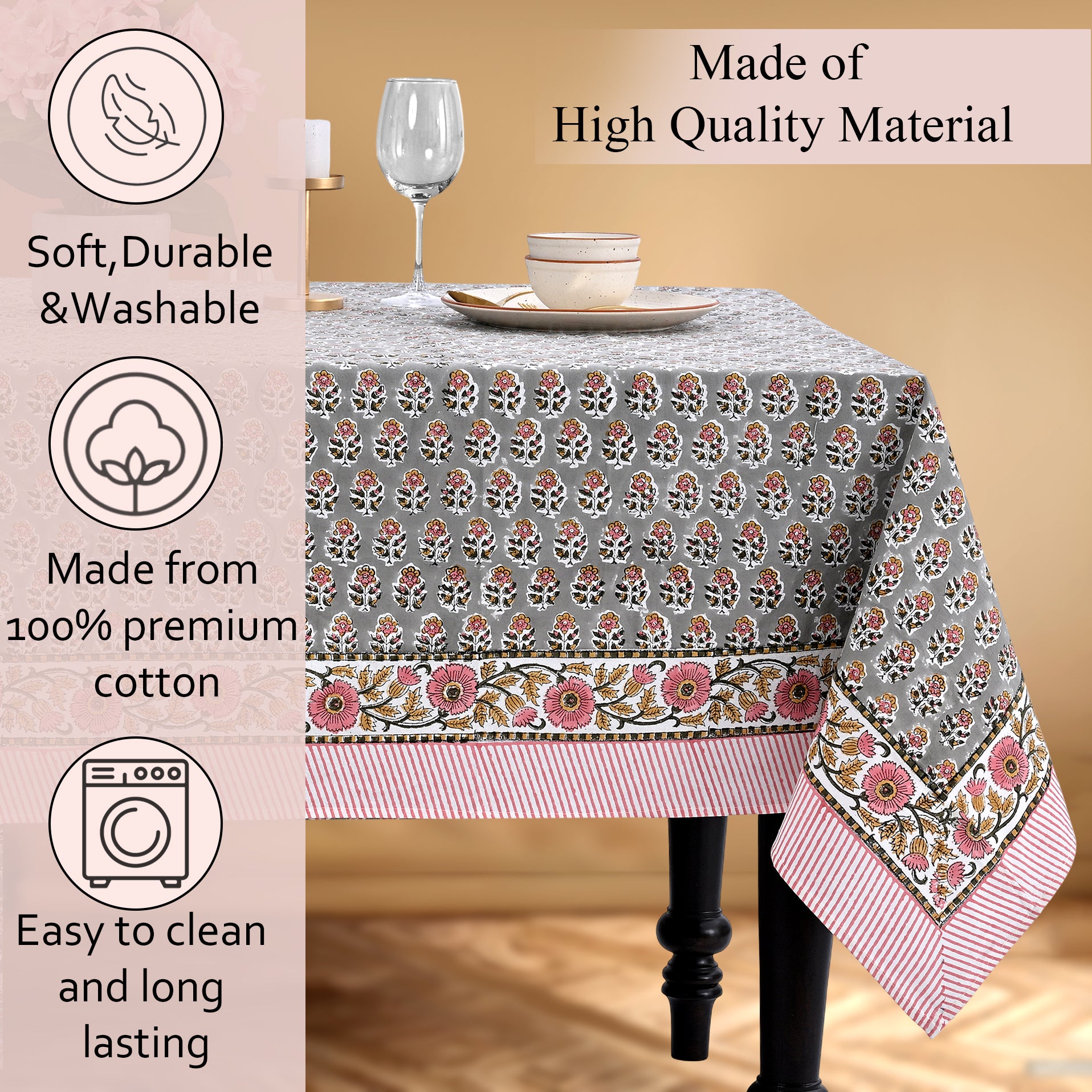 pink floral Cotton Tablecloth on Kitchen Table