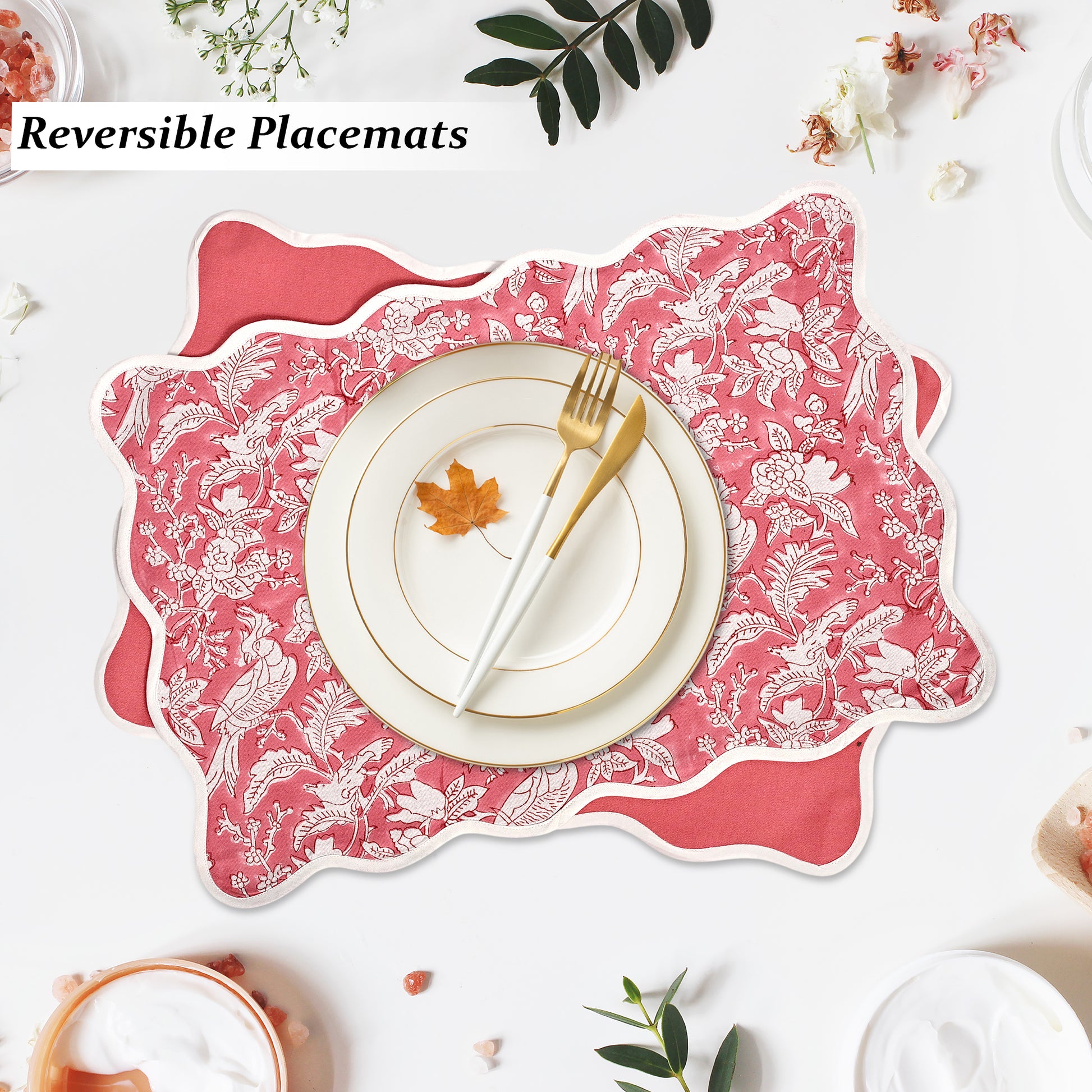 Rectangle 100% Cotton Reversible Placemat Set – Pink Coral