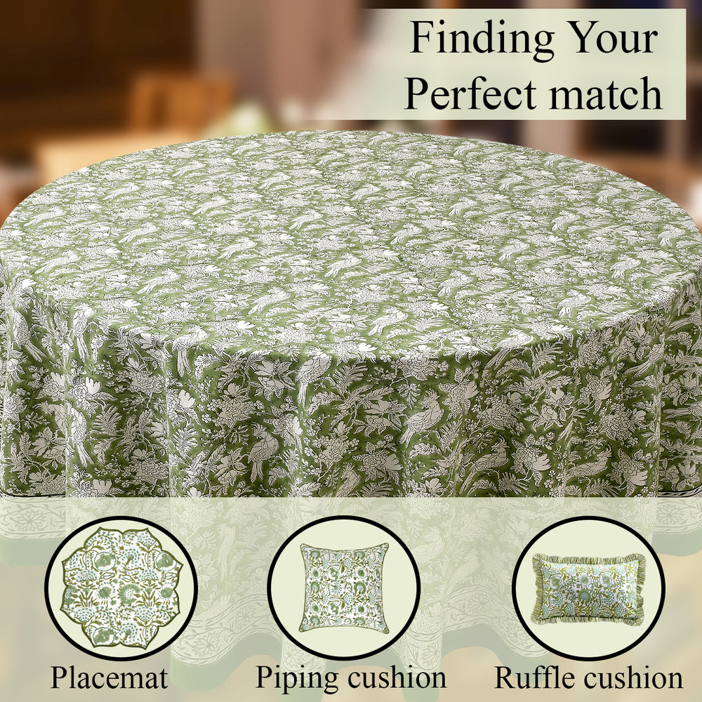 green and white round table cloth on round table with green border lining
