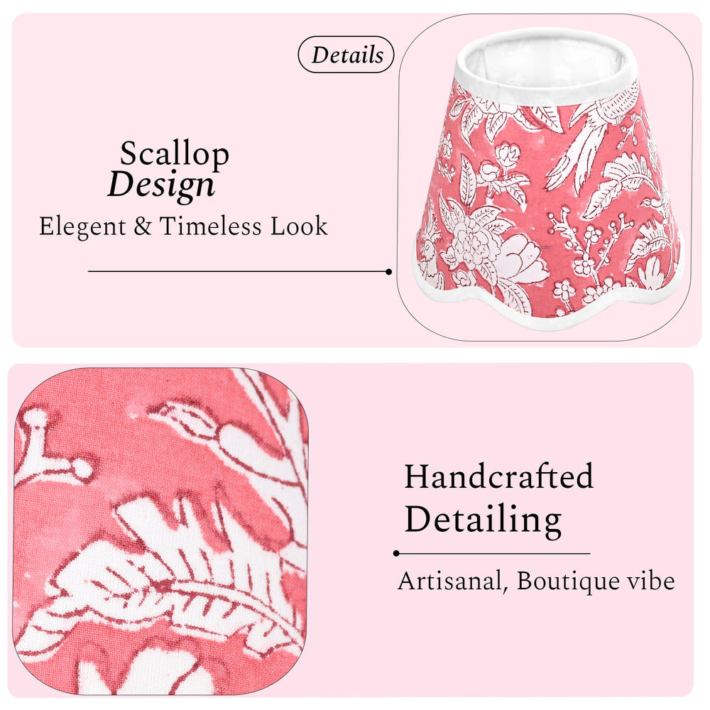 Hand Block Printed Cotton Lampshade – Scallop Floral Coral Pink