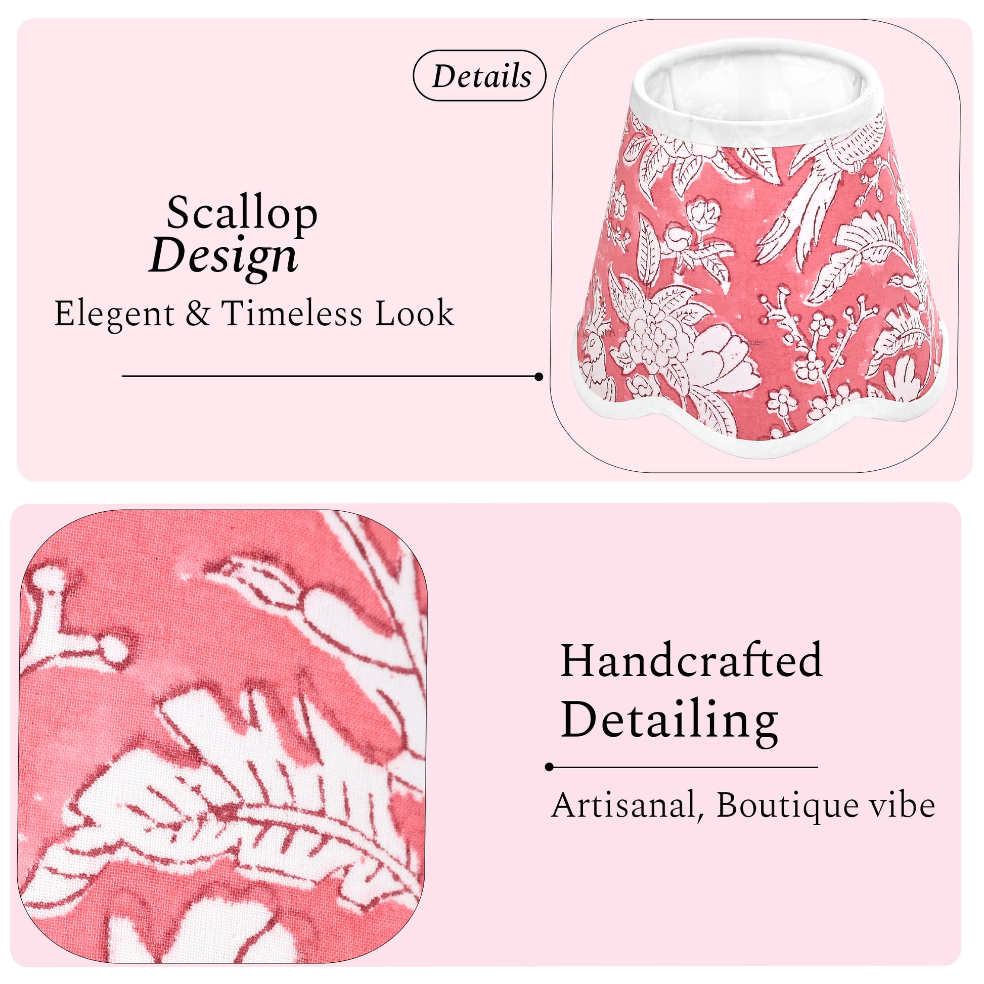 Hand Block Printed Cotton Lampshade – Scallop Floral Coral Pink