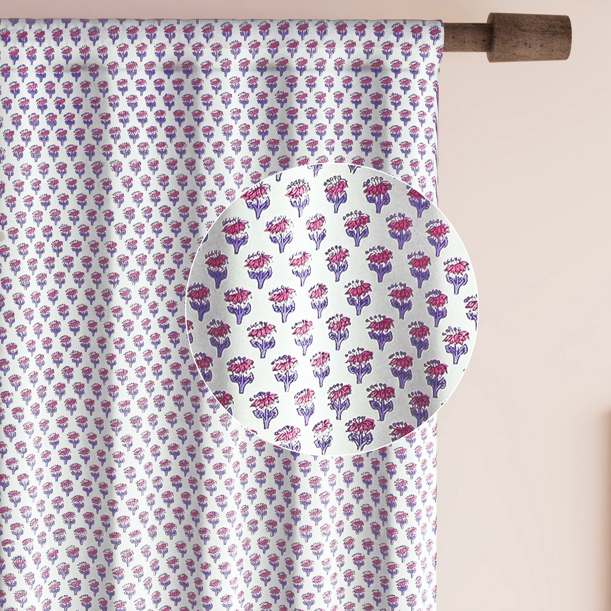 Semi-Sheer Cotton Block Print Curtains - Pink Sapphire