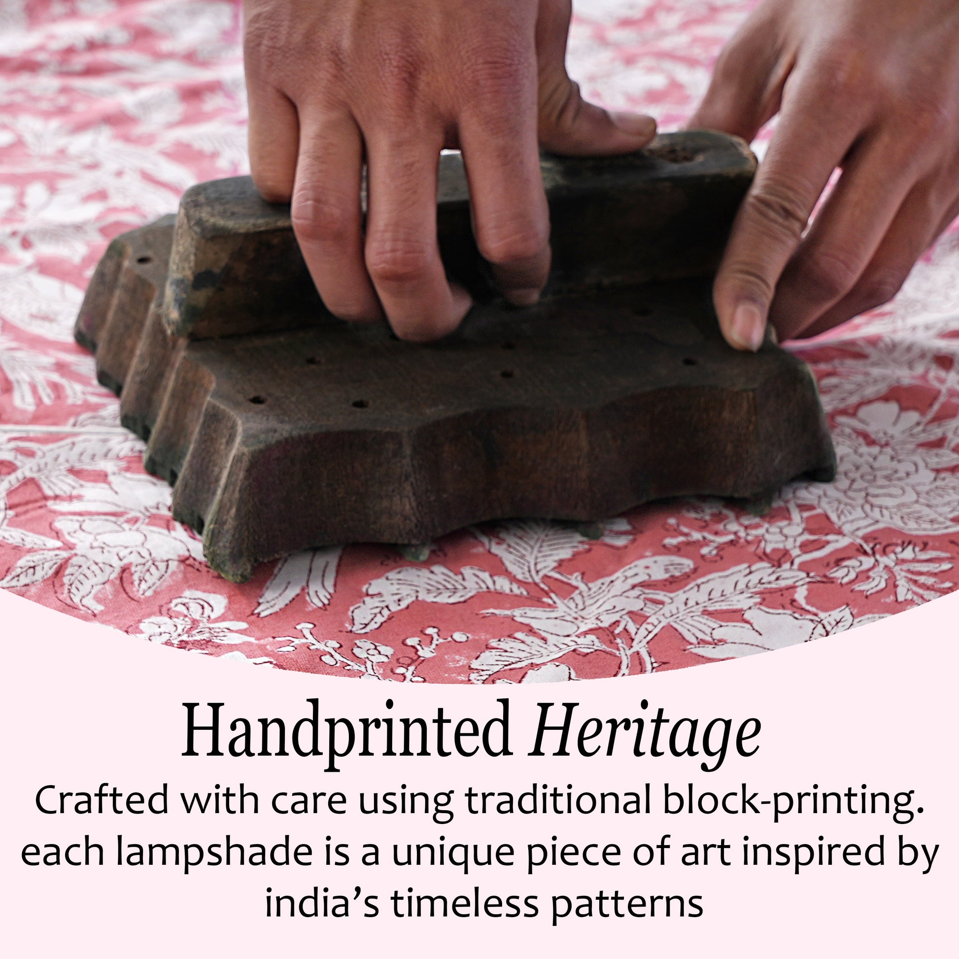 Hand Block Printed Cotton Lampshade – Scallop Floral Coral Pink