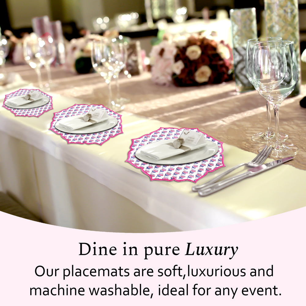 Bright pink cotton placemat with elegant embroidery detail