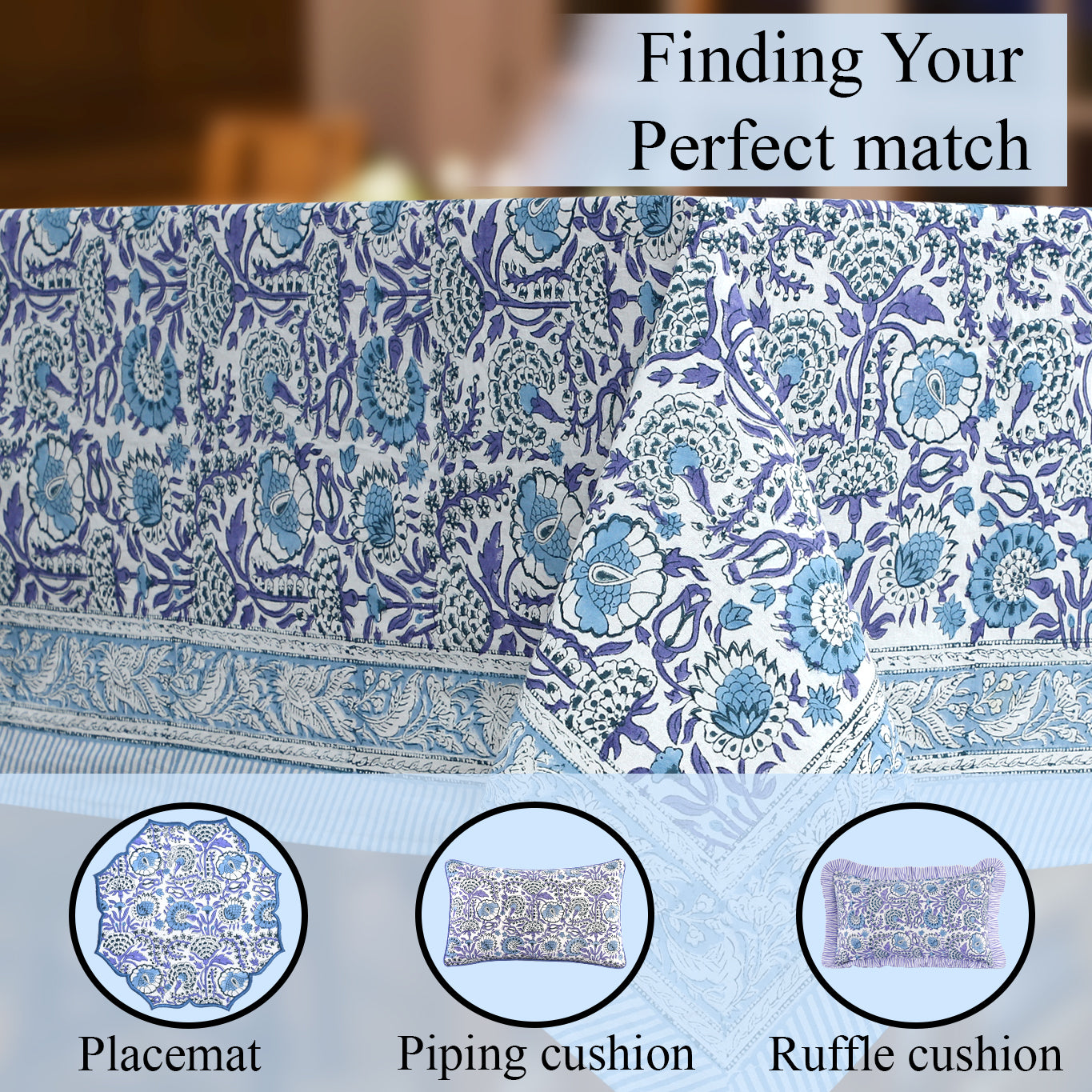 Indigo Blue 100% Cotton Tablecloth on Grand Millennial Table features handmade, indian block printing, machine washable