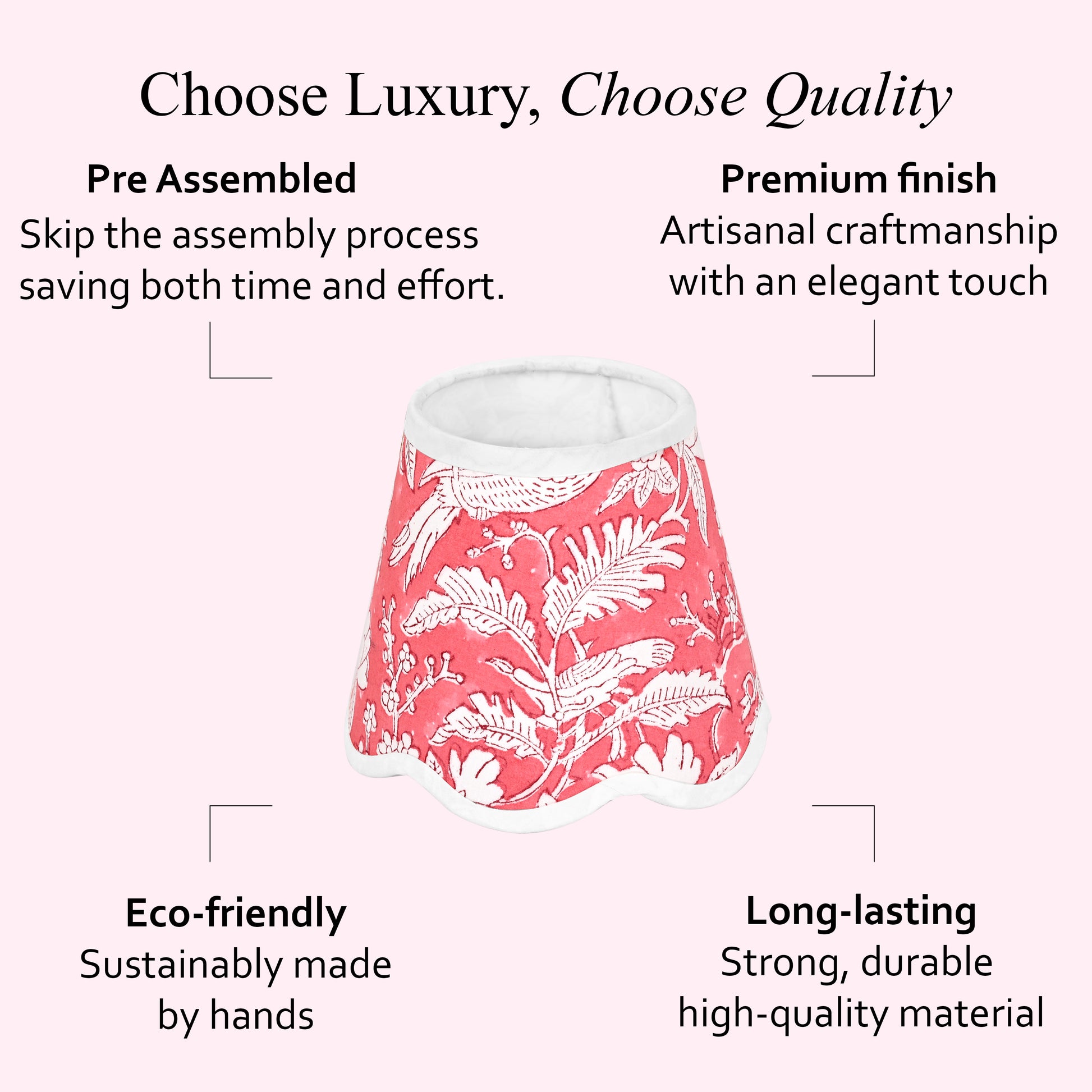 Hand Block Printed Cotton Lampshade – Scallop Floral Coral Pink