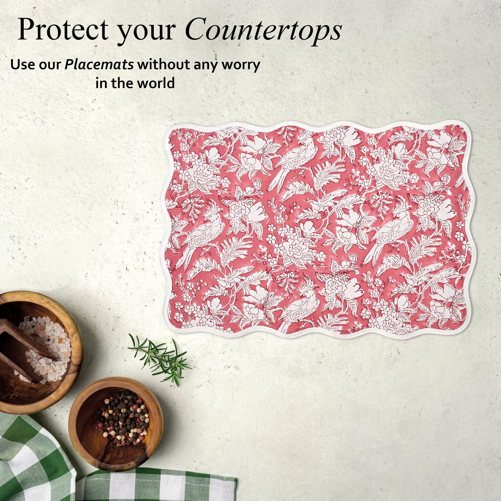 Rectangle 100% Cotton Reversible Placemat Set – Pink Coral