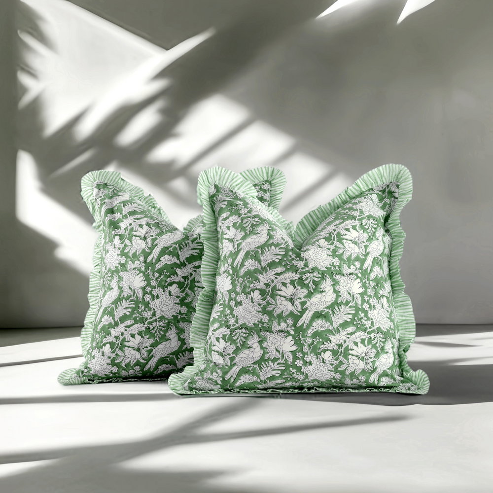 Ruffle Throw Pillow Covers -  Olive Green