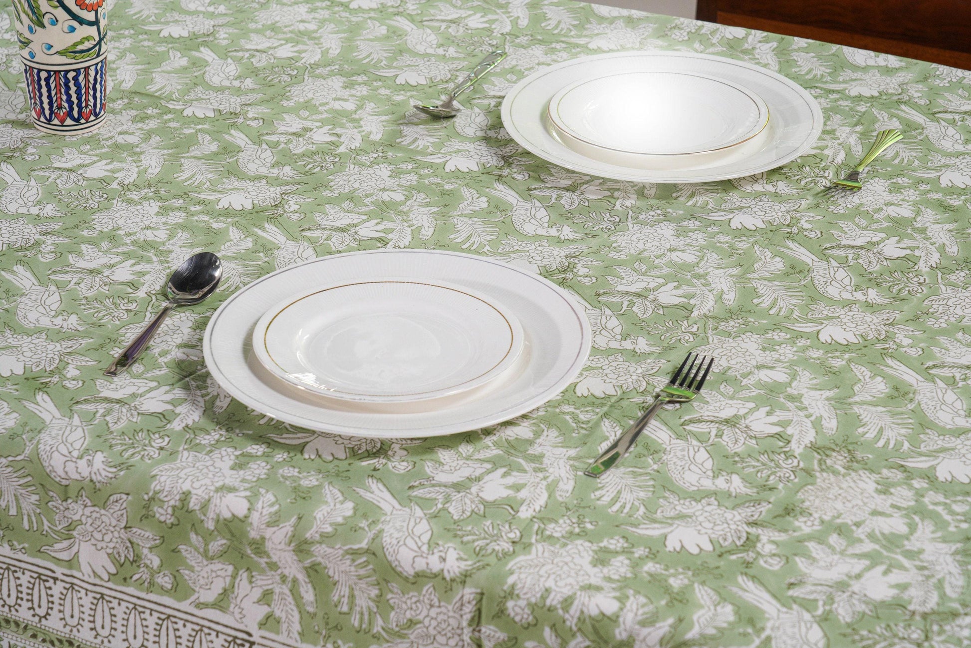 Olive Green Cotton Tablecloth on Dinner Table with Dinner Set