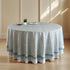 a round table with a blue and white tablecloth