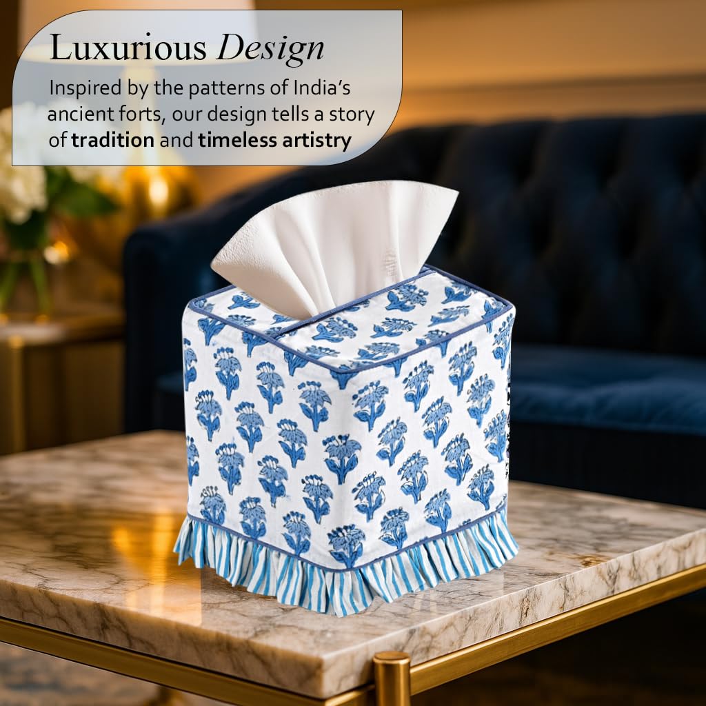 Cotton Ruffle Tissue Box Cover - Apatite Blue