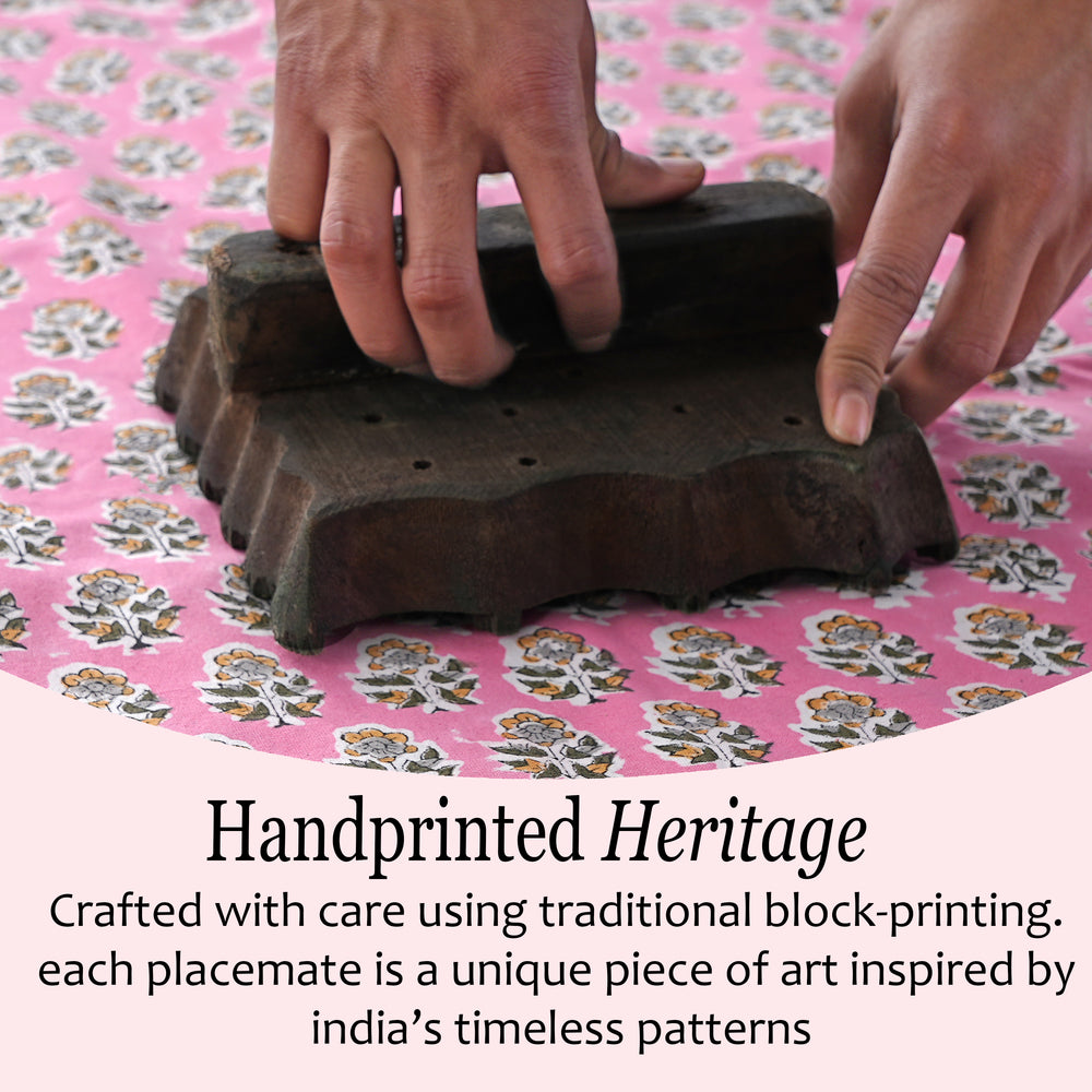 handblock printed Fresh pink floral placemat for spring or summer tables