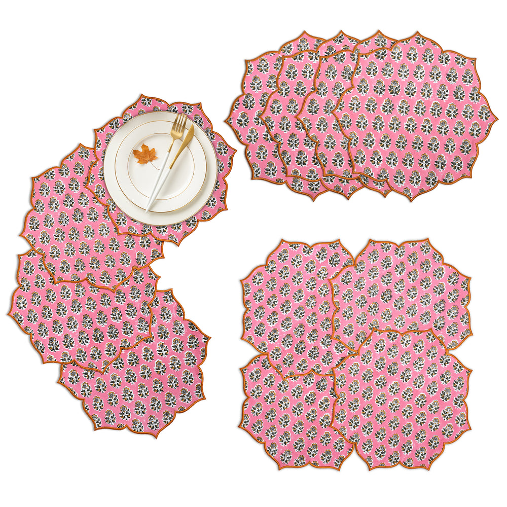 Poppy pink scalloped cotton placemat with delicate embroidery