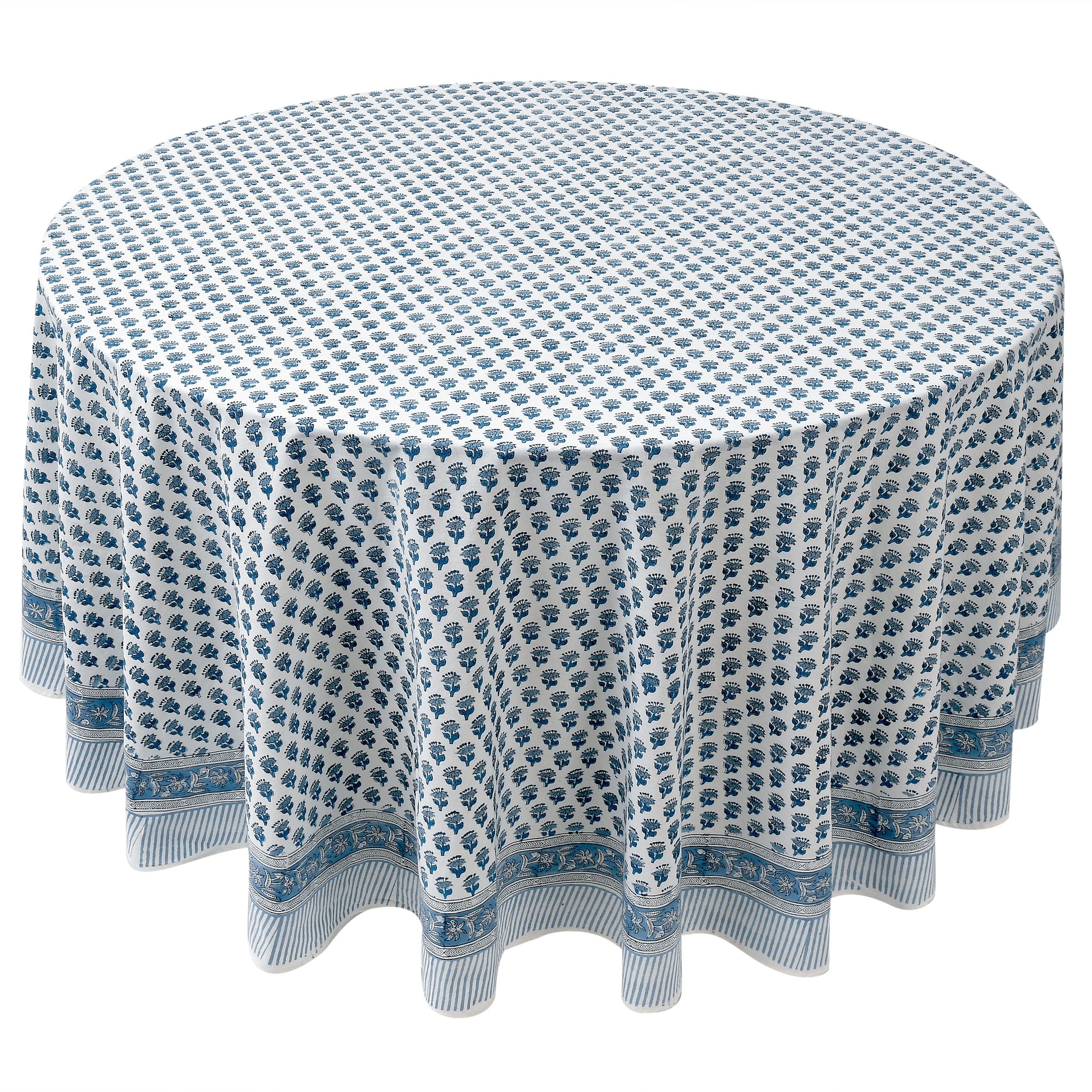 blue floral 100% cotton breathable tablecloth on round table