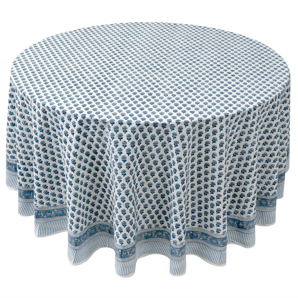 blue floral 100% cotton breathable tablecloth on round table