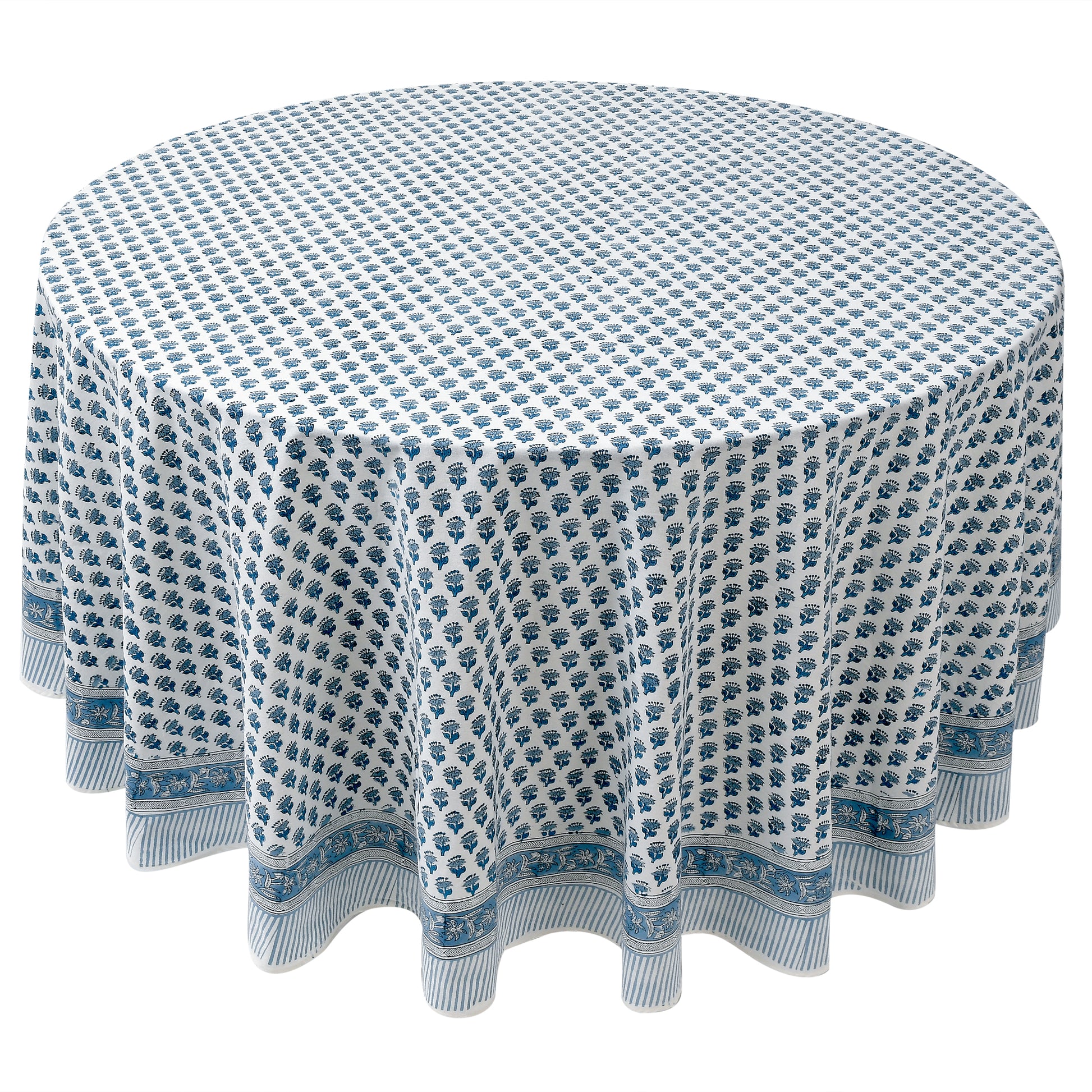 blue floral 100% cotton breathable tablecloth on round table