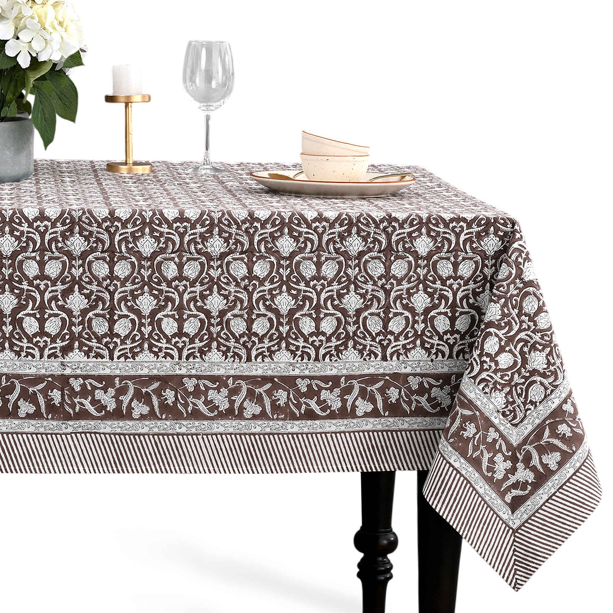 Cotton Block Print Tablecloth – Mocha Regal