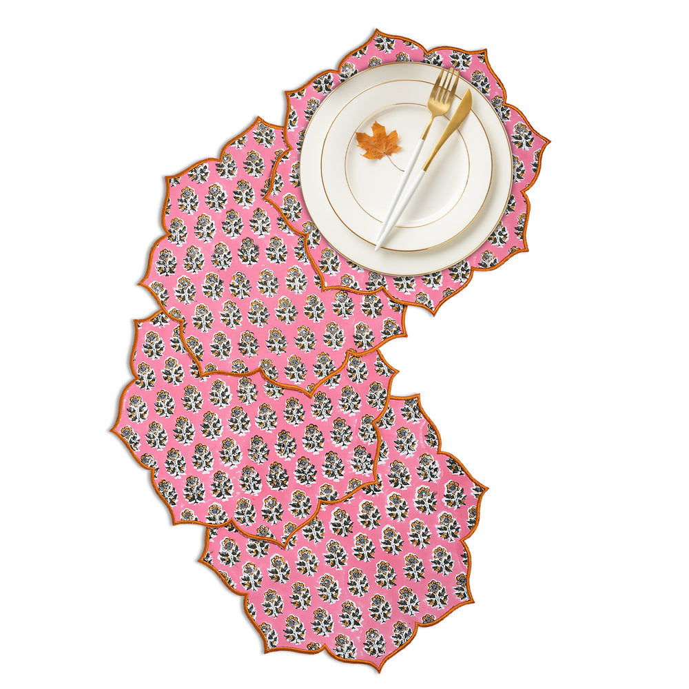 Poppy pink scalloped cotton placemat with delicate embroidery