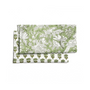 Green and white floral napkin laid flat with repeating botanical border pattern.

