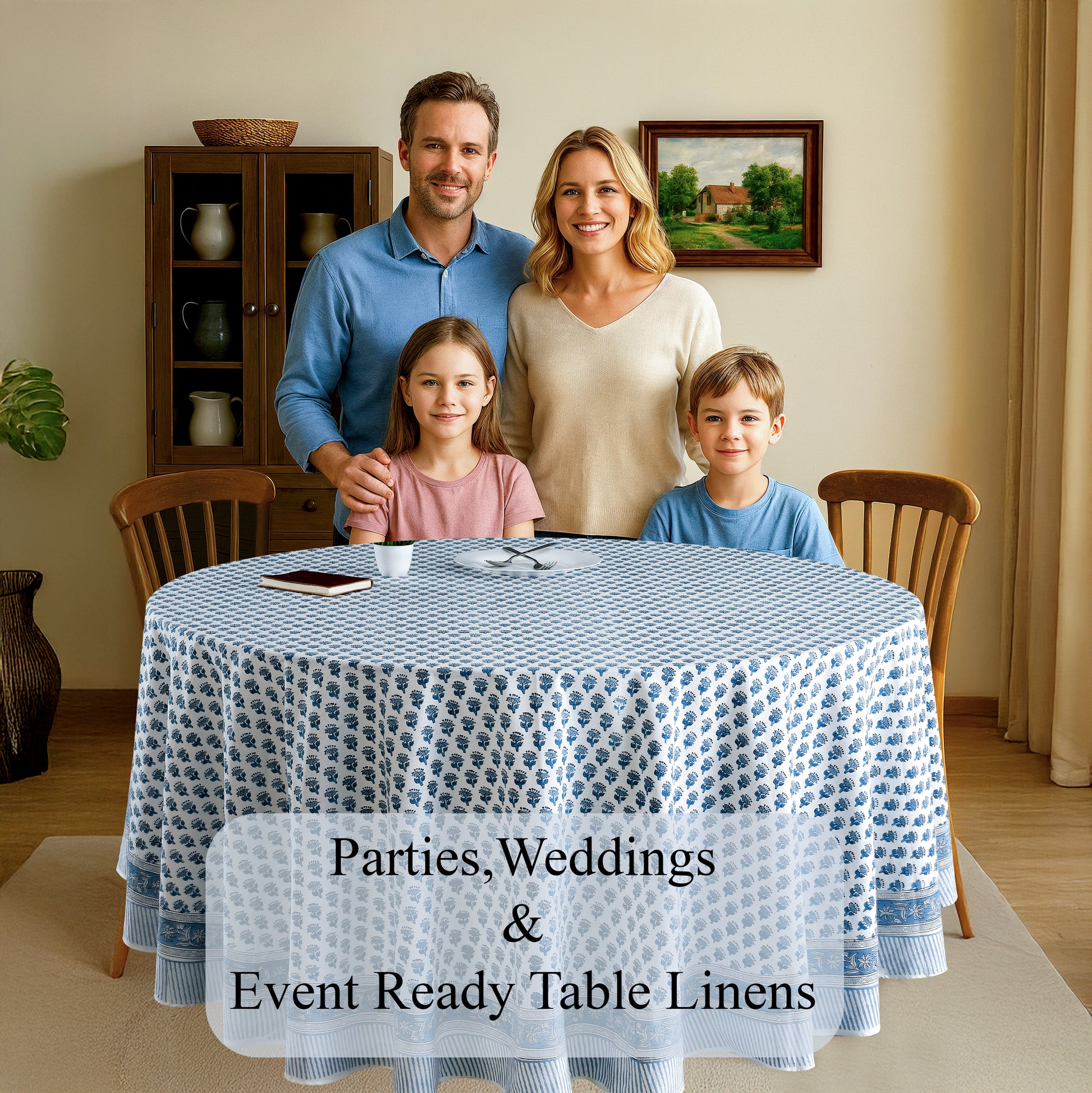 blue floral 100% cotton breathable tablecloth on round table