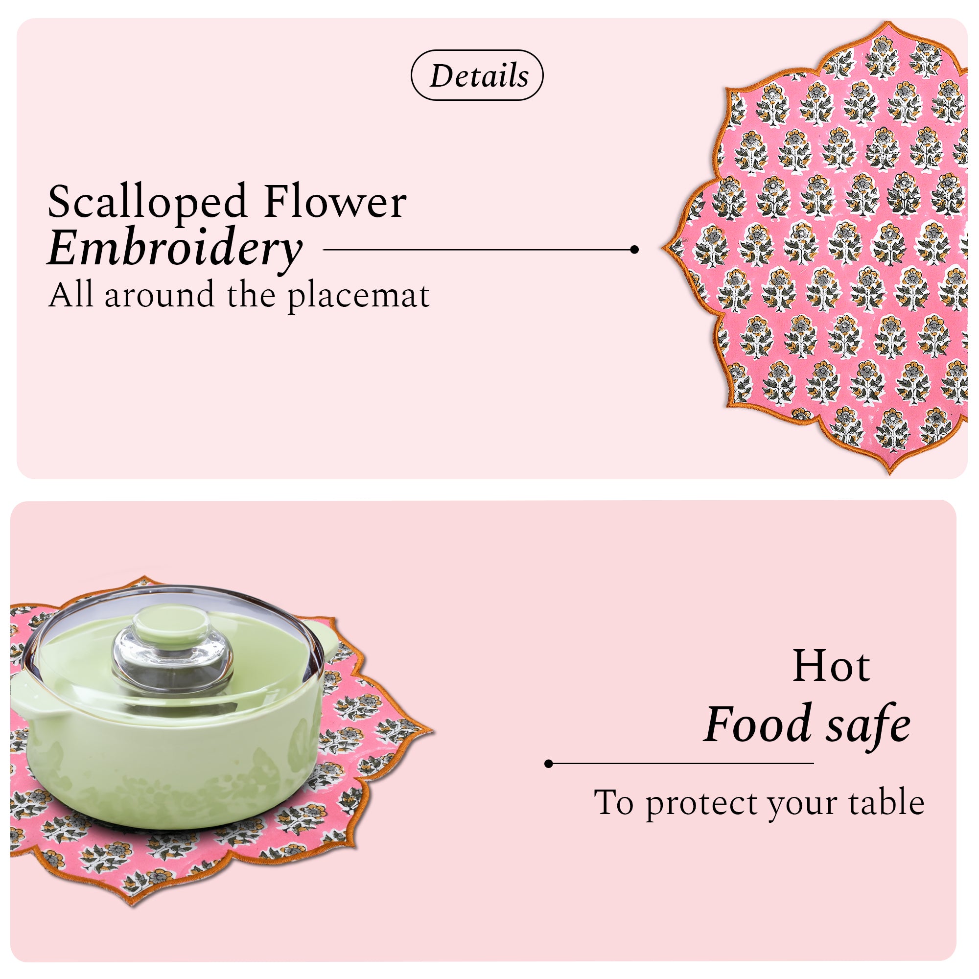 Poppy pink scalloped cotton placemat with delicate embroidery
