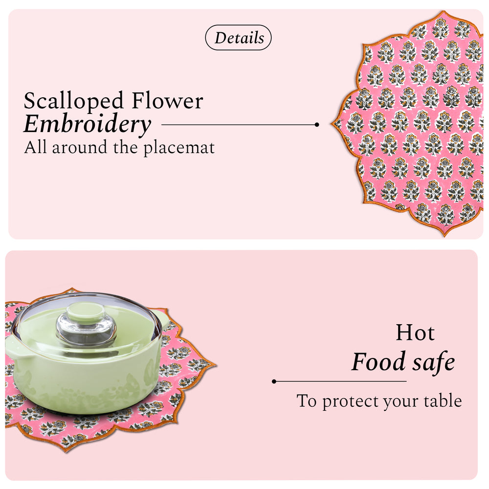 Poppy pink scalloped cotton placemat with delicate embroidery