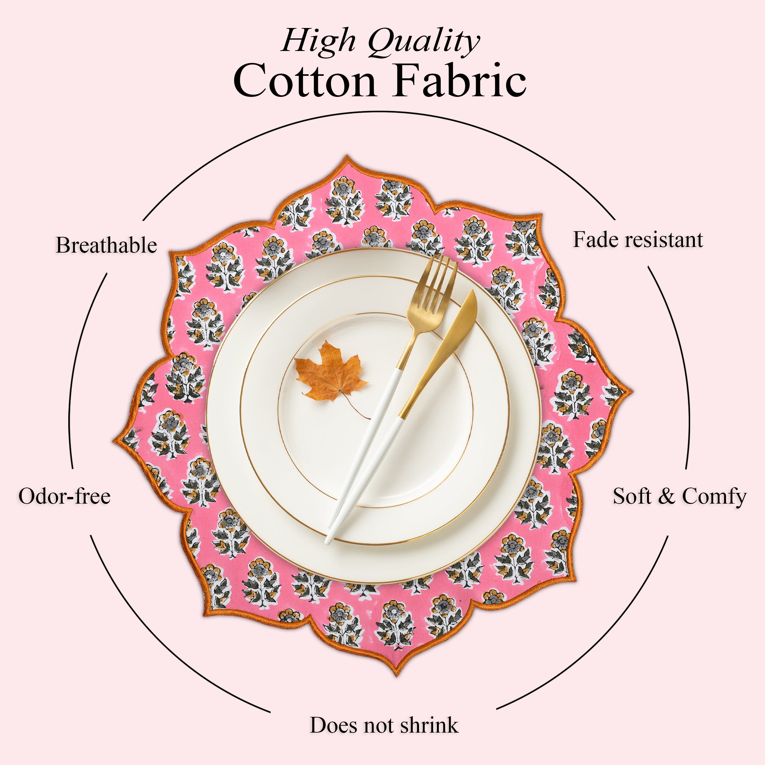 Light pink floral embroidered placemat with soft cotton texture, odor free, breathable, no shrink, fade resistant