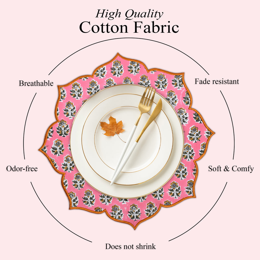 Light pink floral embroidered placemat with soft cotton texture, odor free, breathable, no shrink, fade resistant