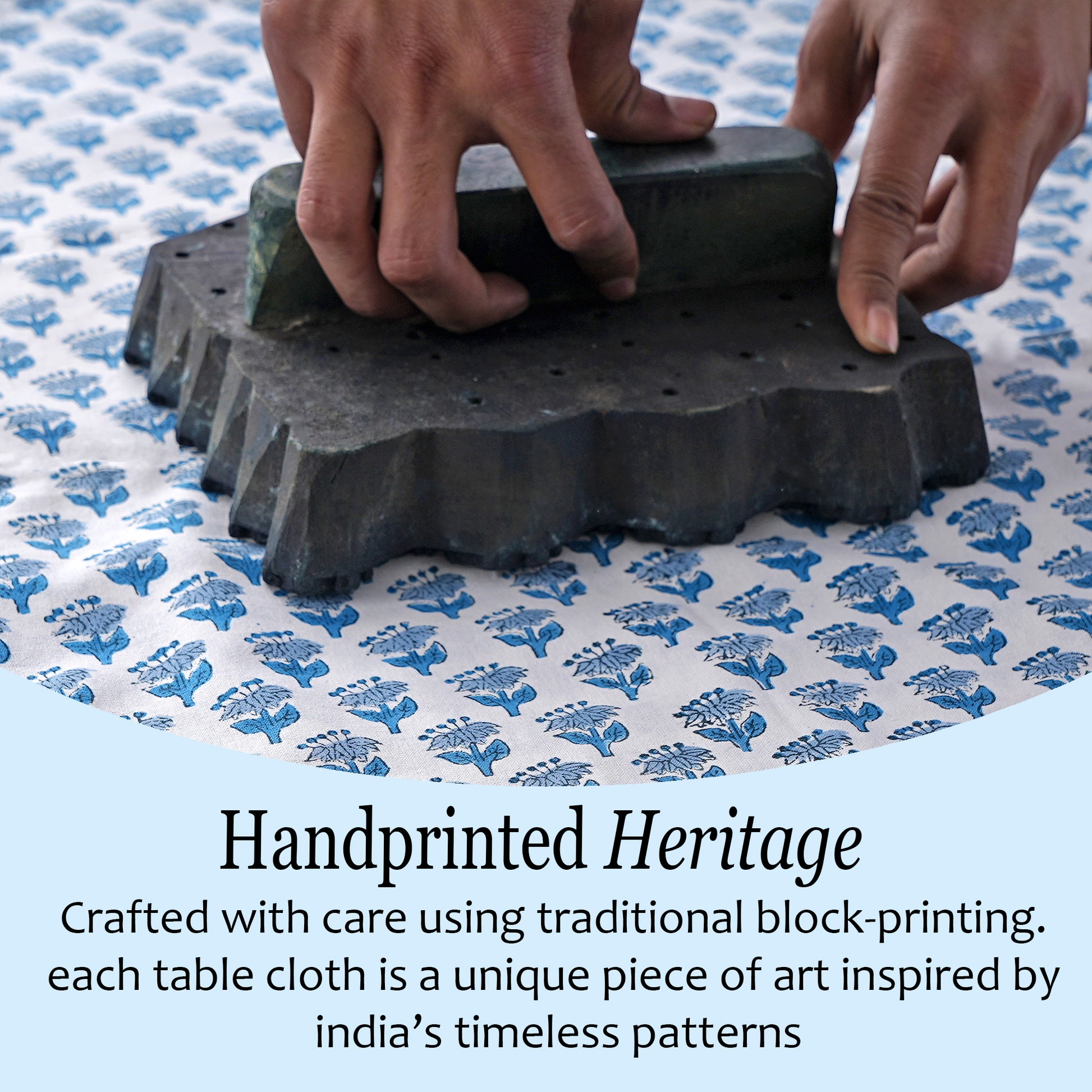 blue floral 100% cotton breathable tablecloth on round table