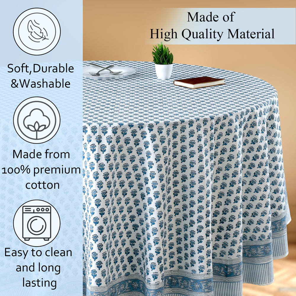 blue floral 100% cotton breathable tablecloth on round table