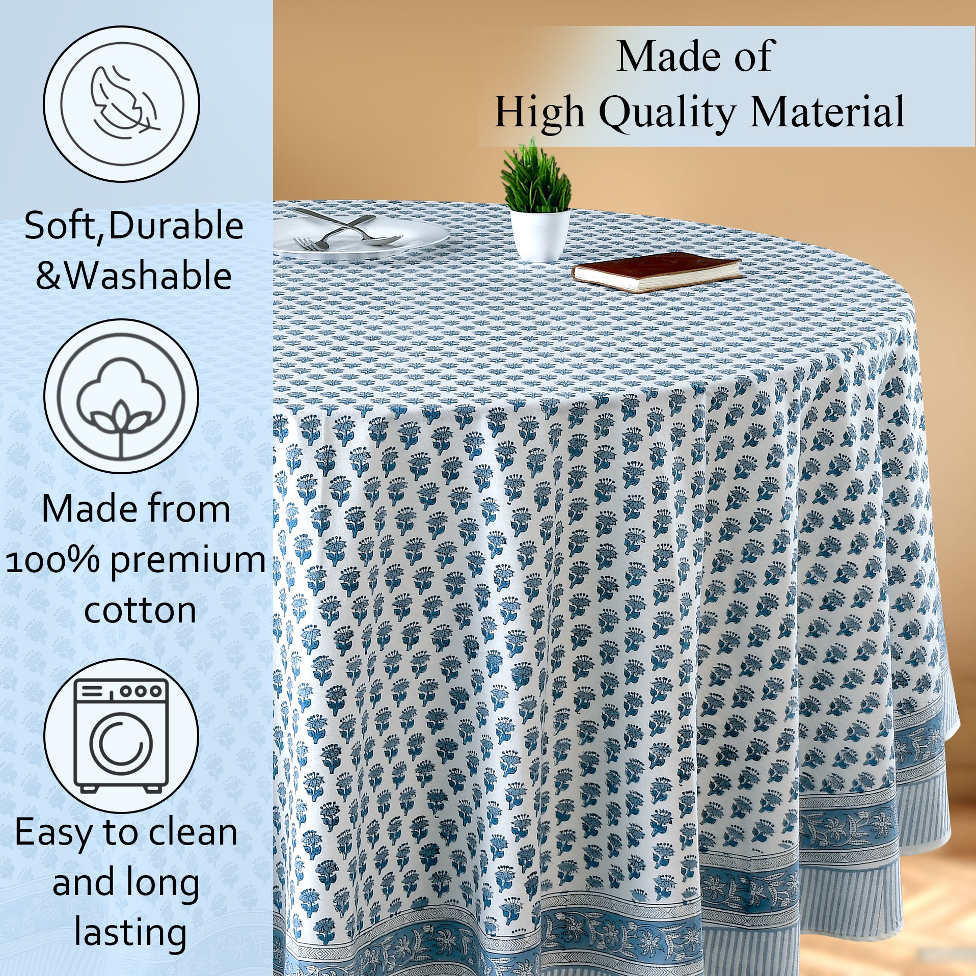 blue floral 100% cotton breathable tablecloth on round table
