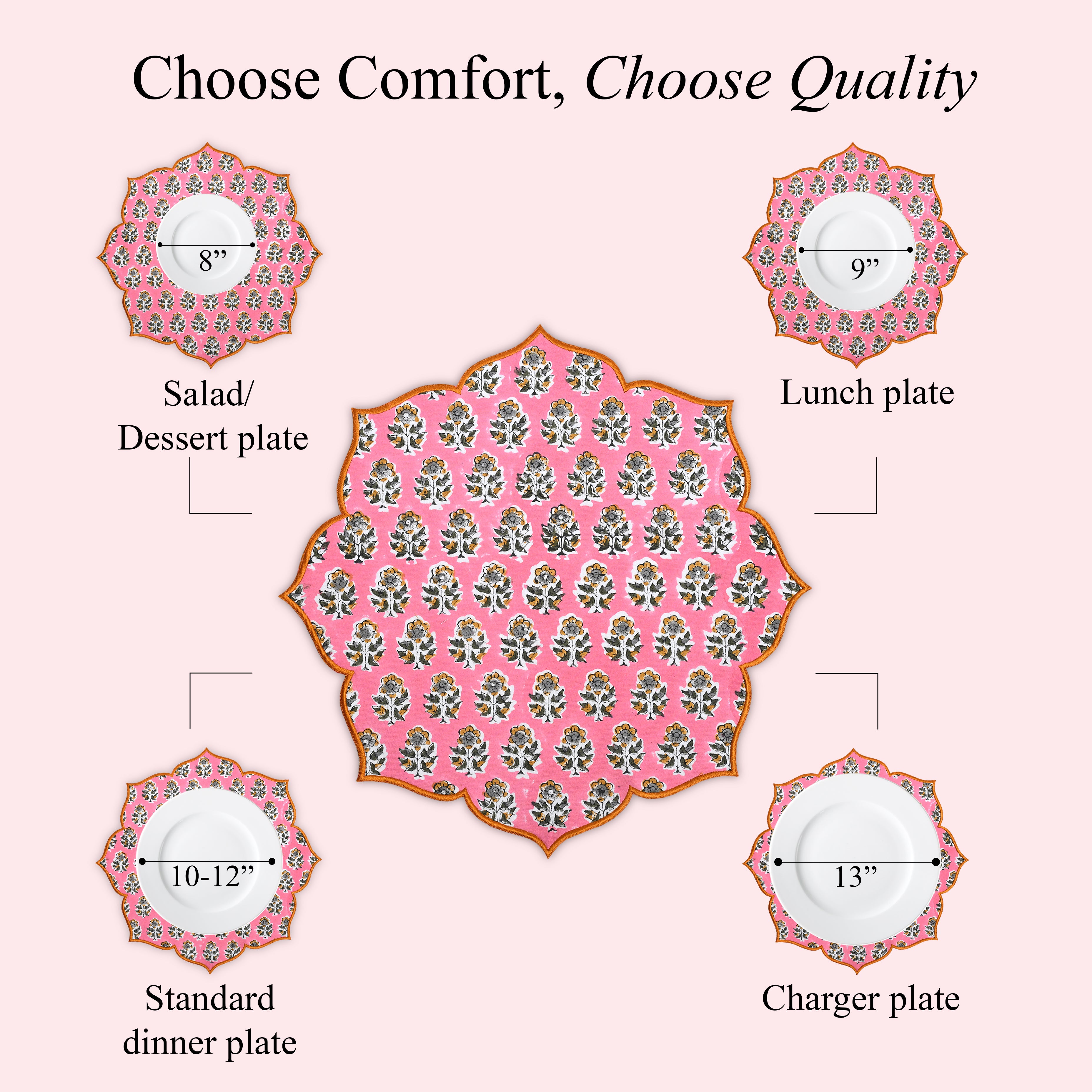 Cotton placemat in playful pink shade with scalloped border