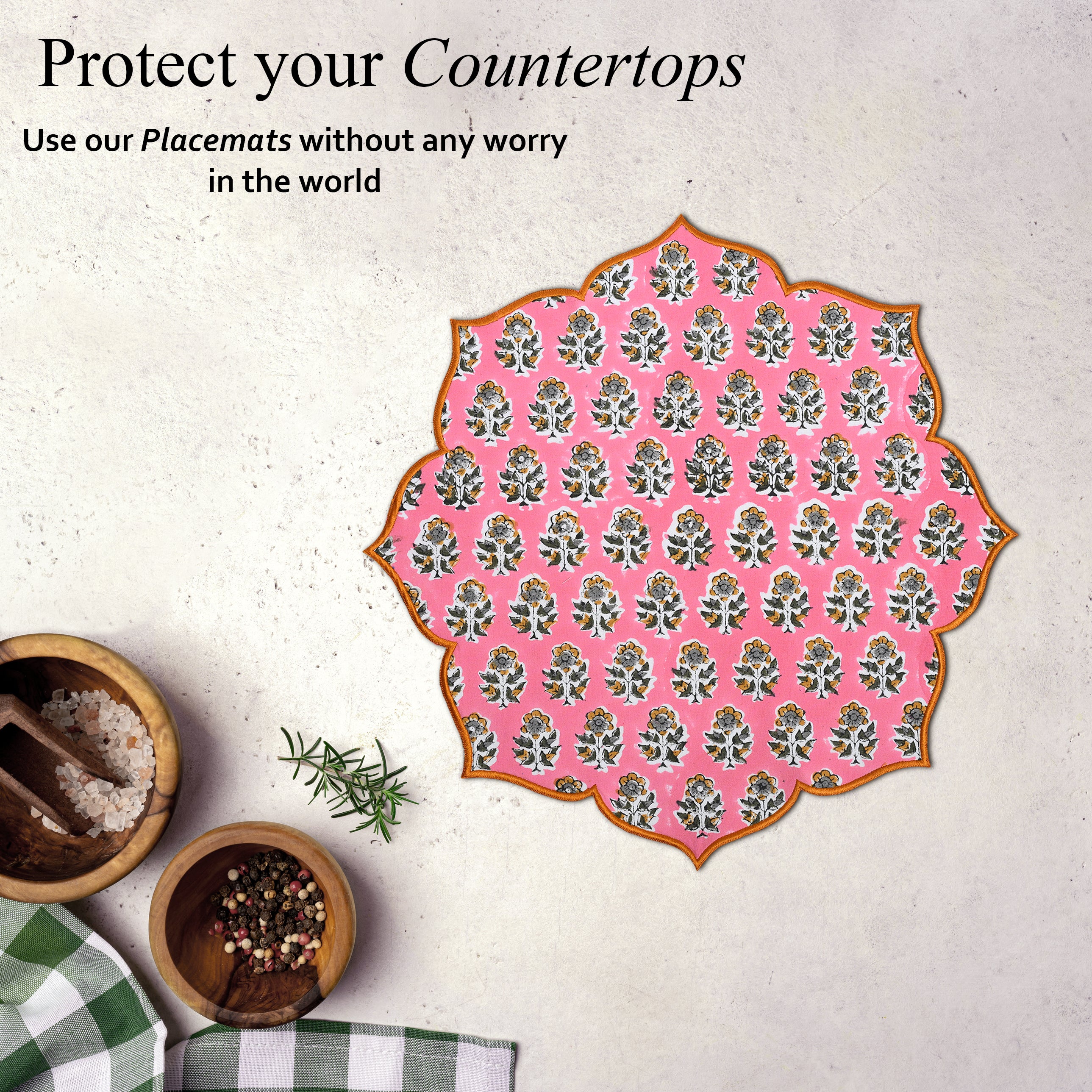 Light pink embroidered placemat with soft cotton texture