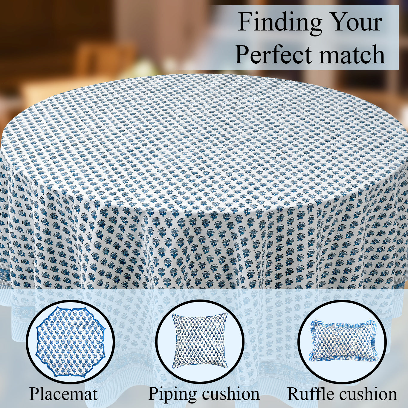 blue floral 100% cotton breathable tablecloth on round table