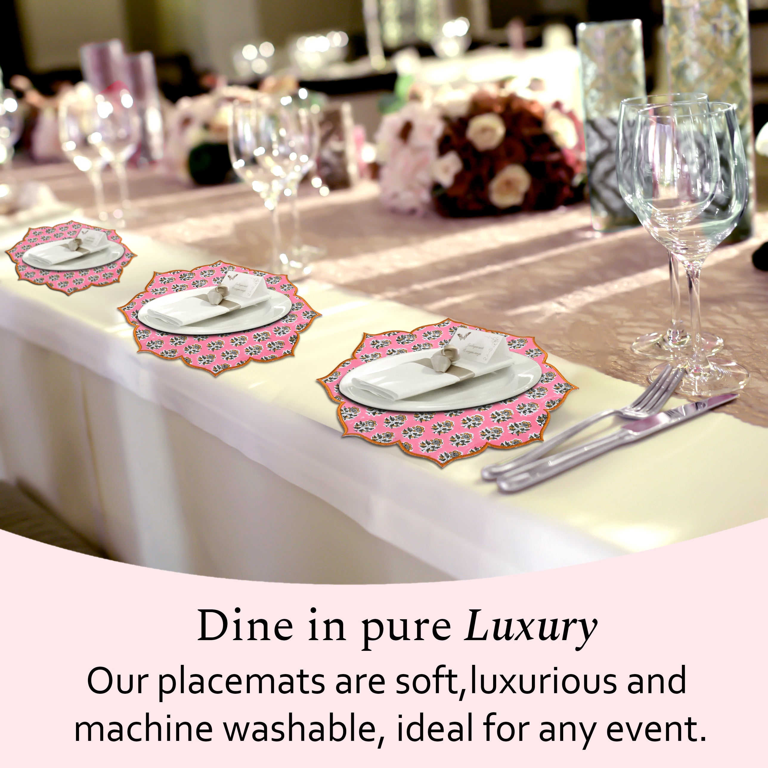 Soft poppy pink placemat on neutral tabletop