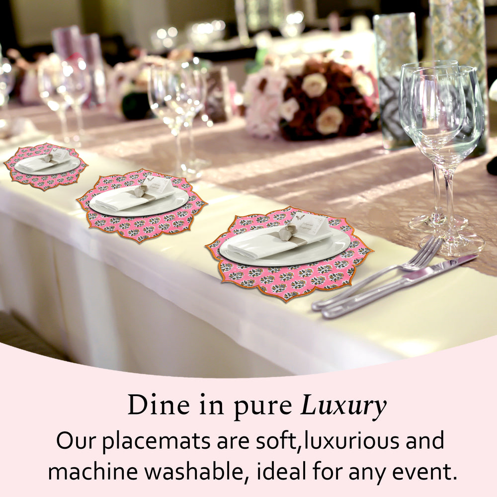 Soft poppy pink placemat on neutral tabletop