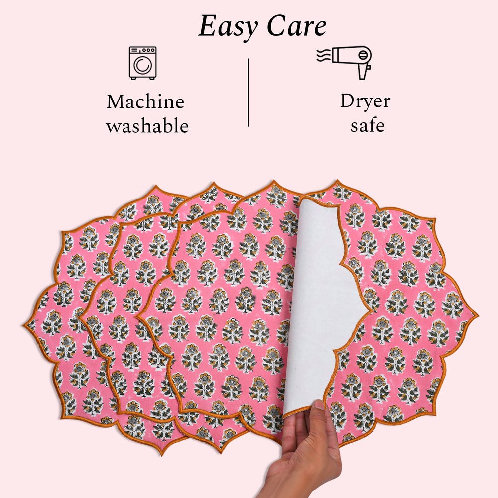 machine washable and dryer safe Soft poppy pink placemat with intricate stitched detail