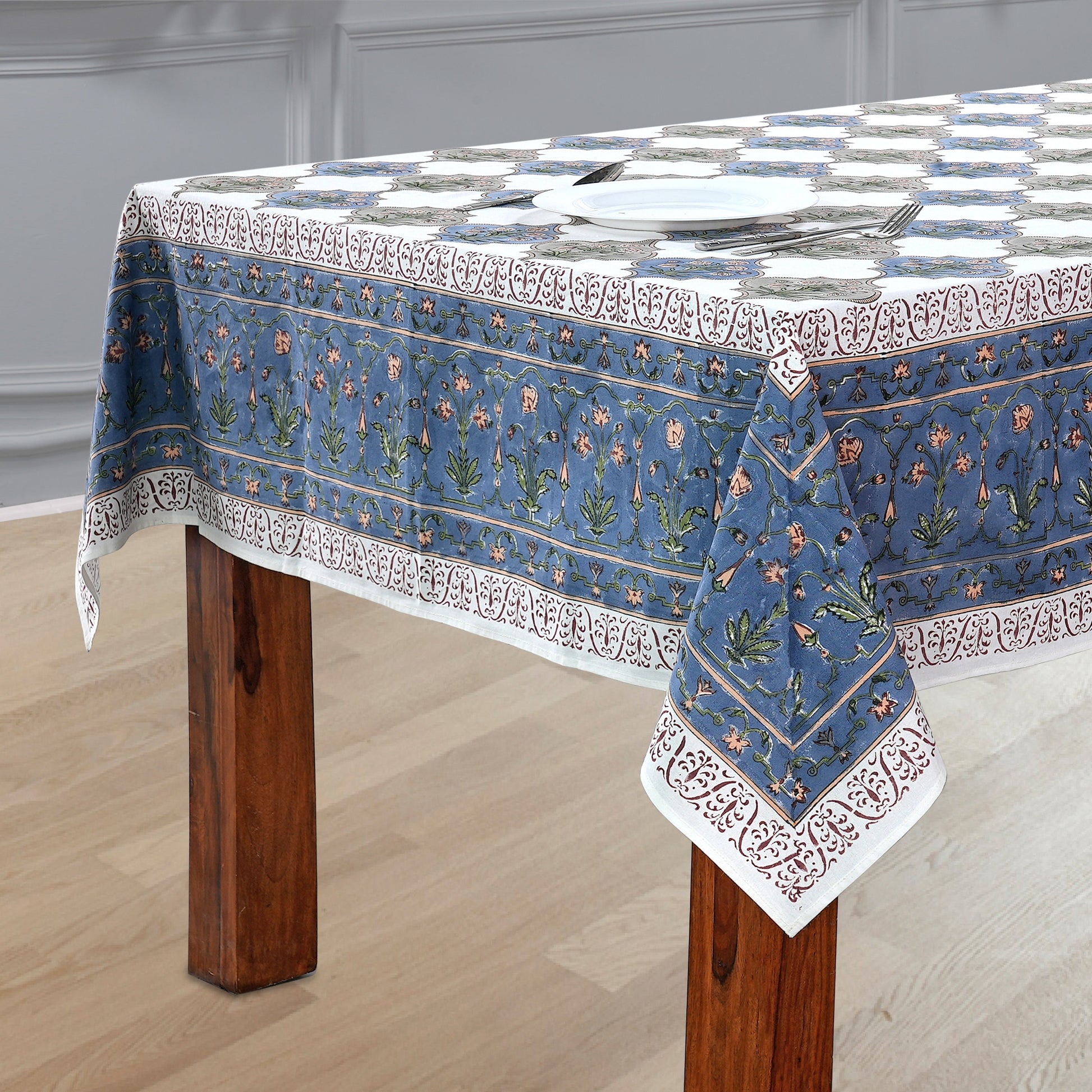 Tanzanite Blue 100% Cotton Tablecloth on Farmhouse Grand Millennial Kitchen Table