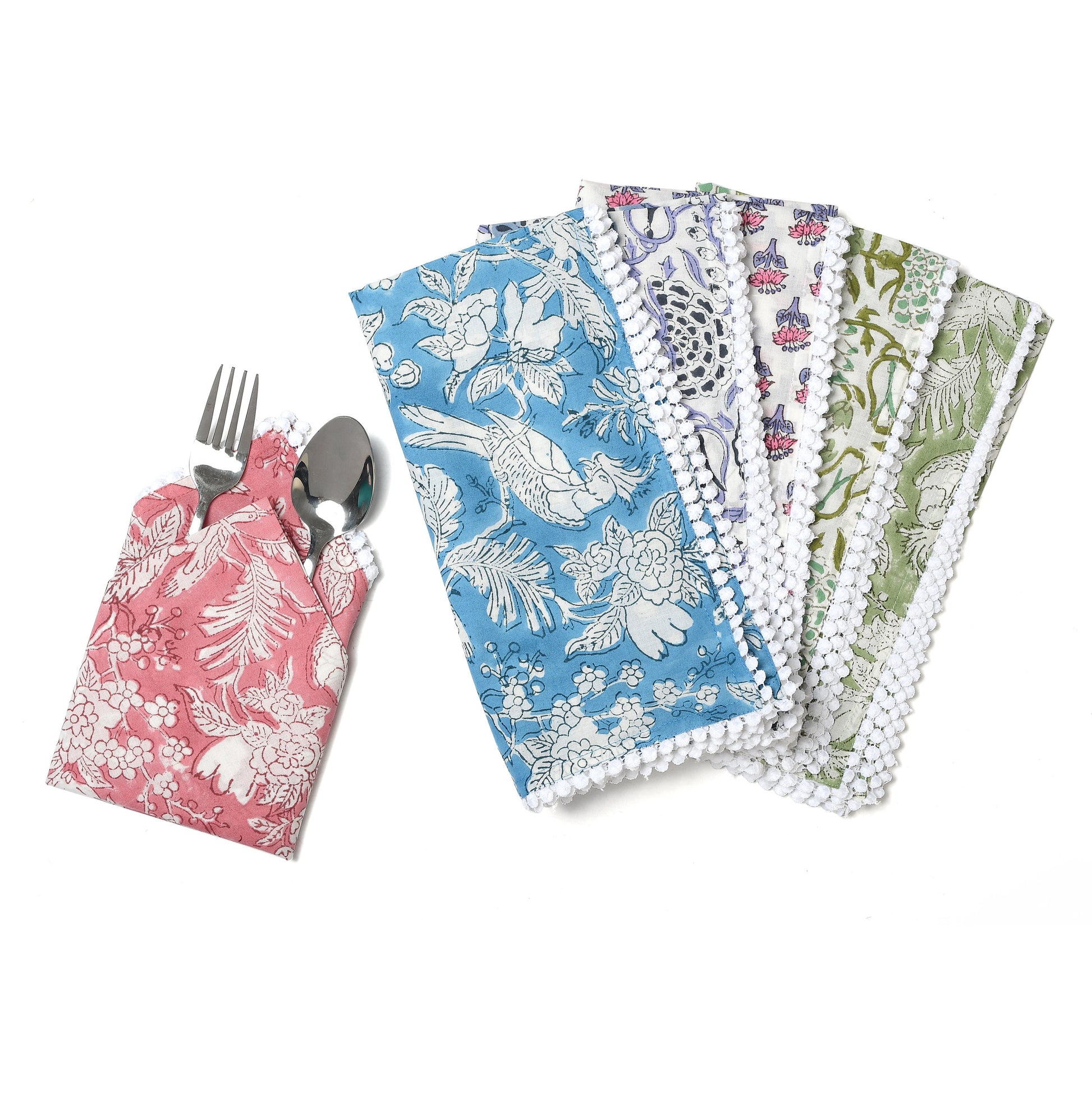 Multi-color Indian Block Print Pom-Pom Napkins, Floral Cotton Dinning Table Daily Use Napkins, Farmhouse Wedding Party Napkins 18x18 In