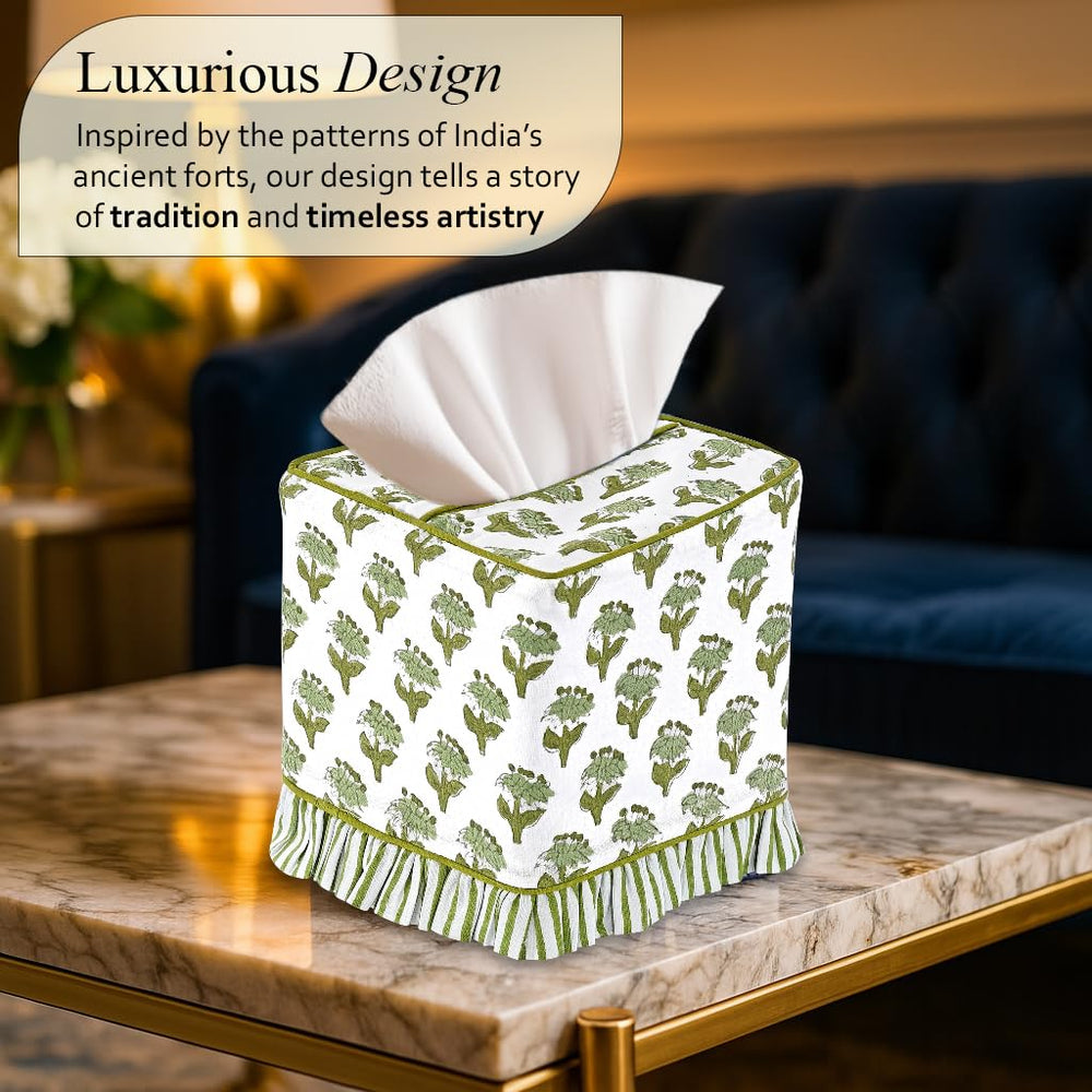 Cotton Ruffle Tissue Box Cover - Emerald Green