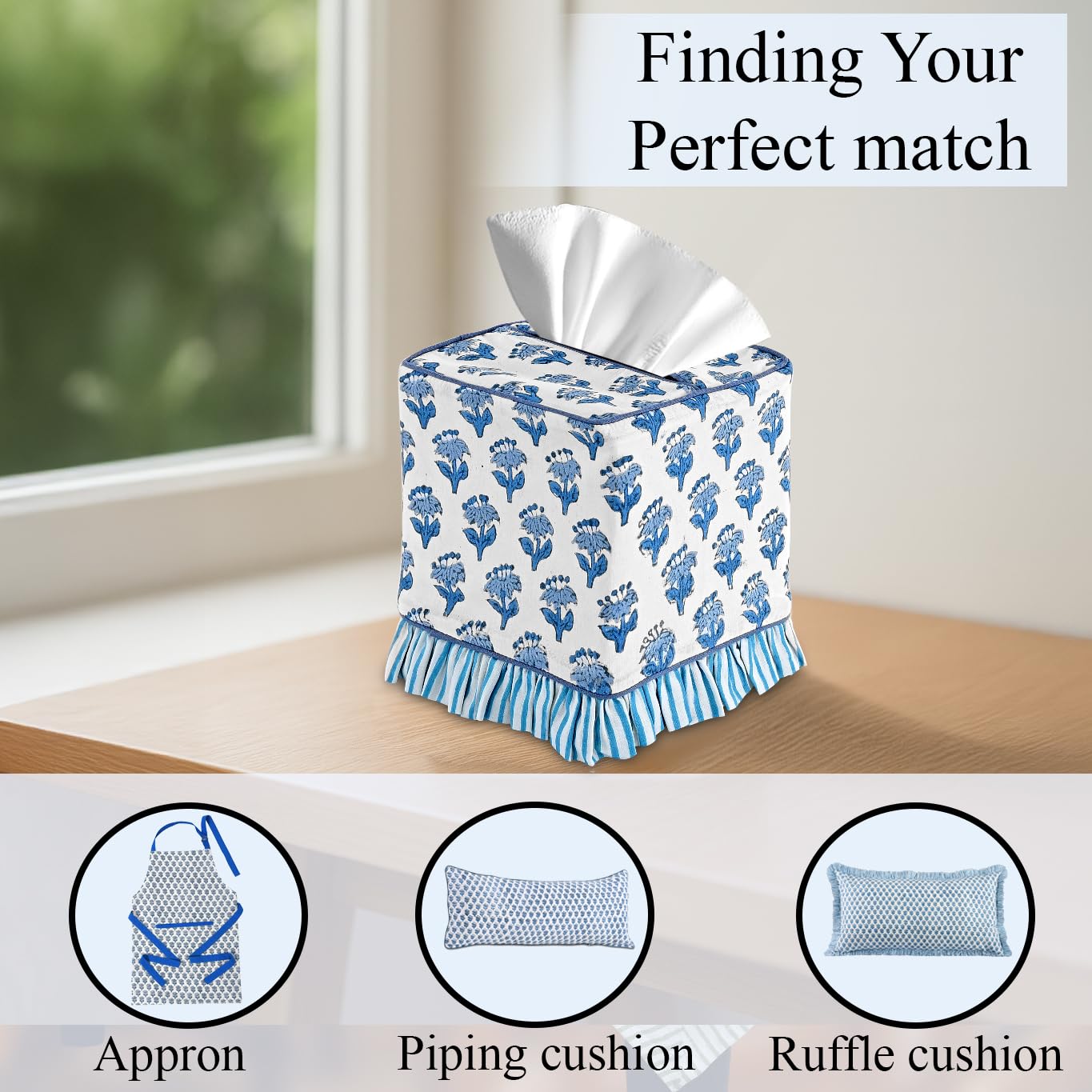 Cotton Ruffle Tissue Box Cover - Apatite Blue