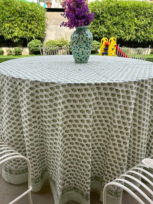 CPC Round Tablecloth- Cotton Indian Block Print Tablecloth -Handmade Printed Washable Cotton Table Cloth - Thanksgiving, Christmas Table Cover - Emerald Green 110 Inch