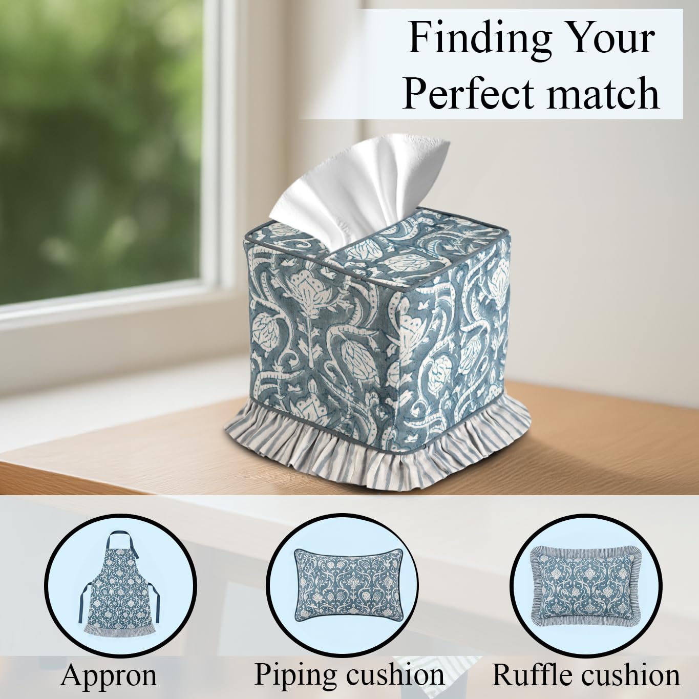Cotton Ruffle Tissue Box Cover - Azure Regal