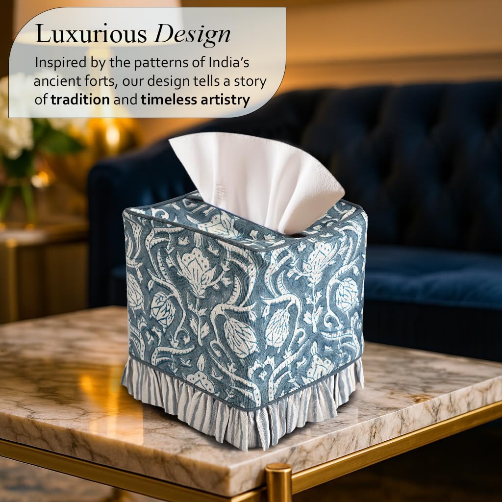 Cotton Ruffle Tissue Box Cover - Azure Regal