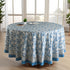 a round table with a blue and white tablecloth