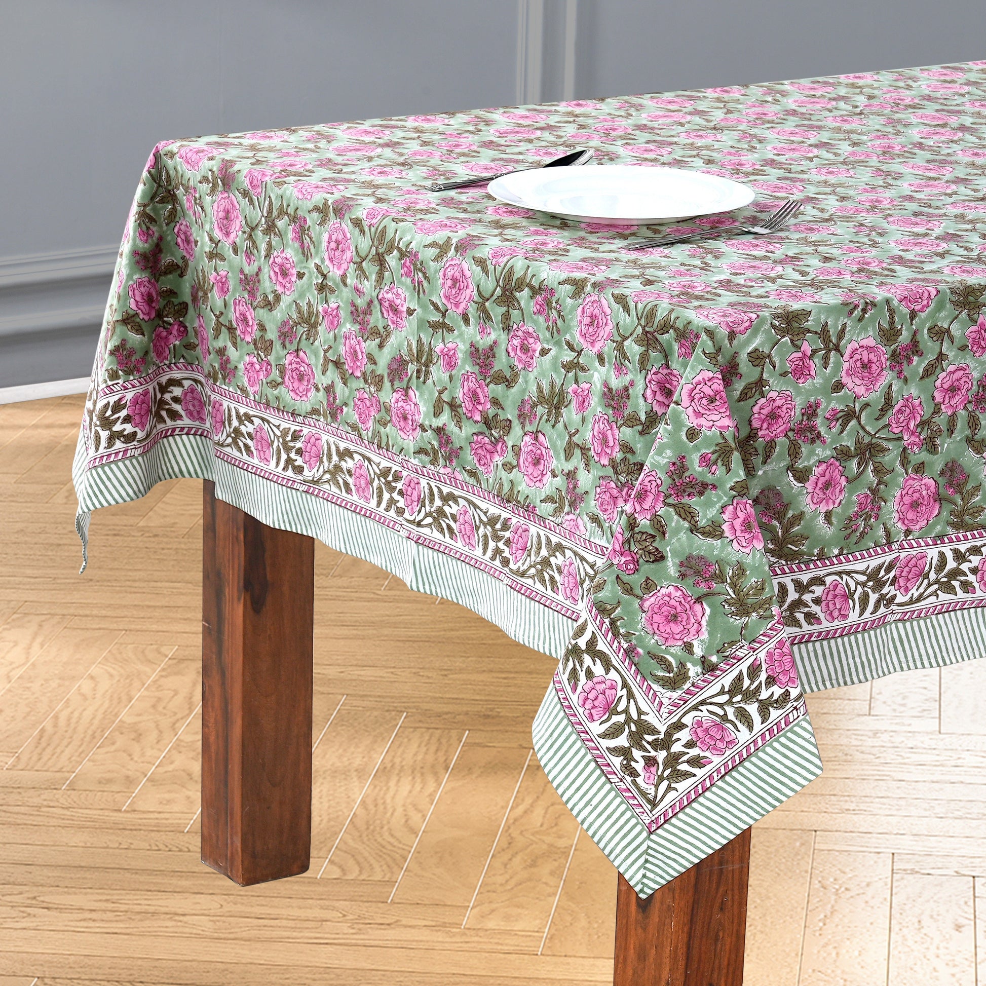 Pink Tourmaline Cotton Tablecloth on Dinner Table