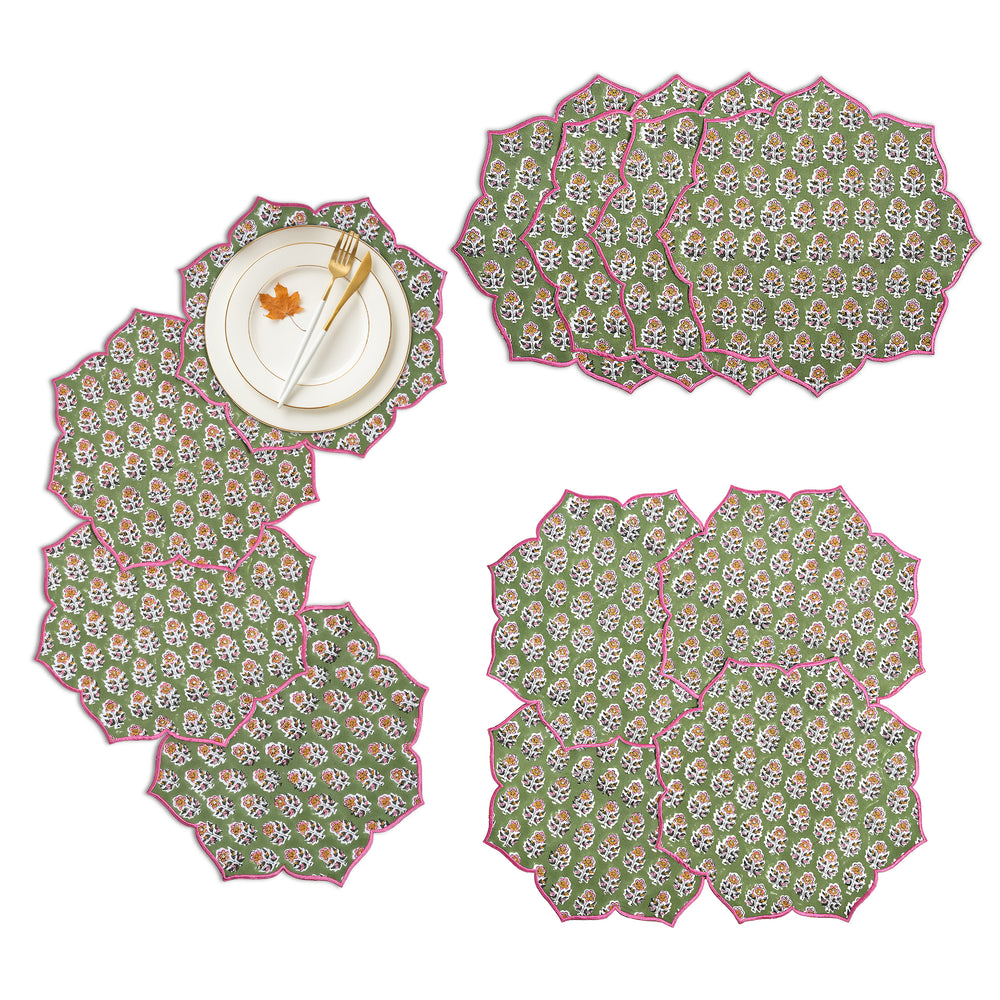 green scalloped cotton placemat with stitched details