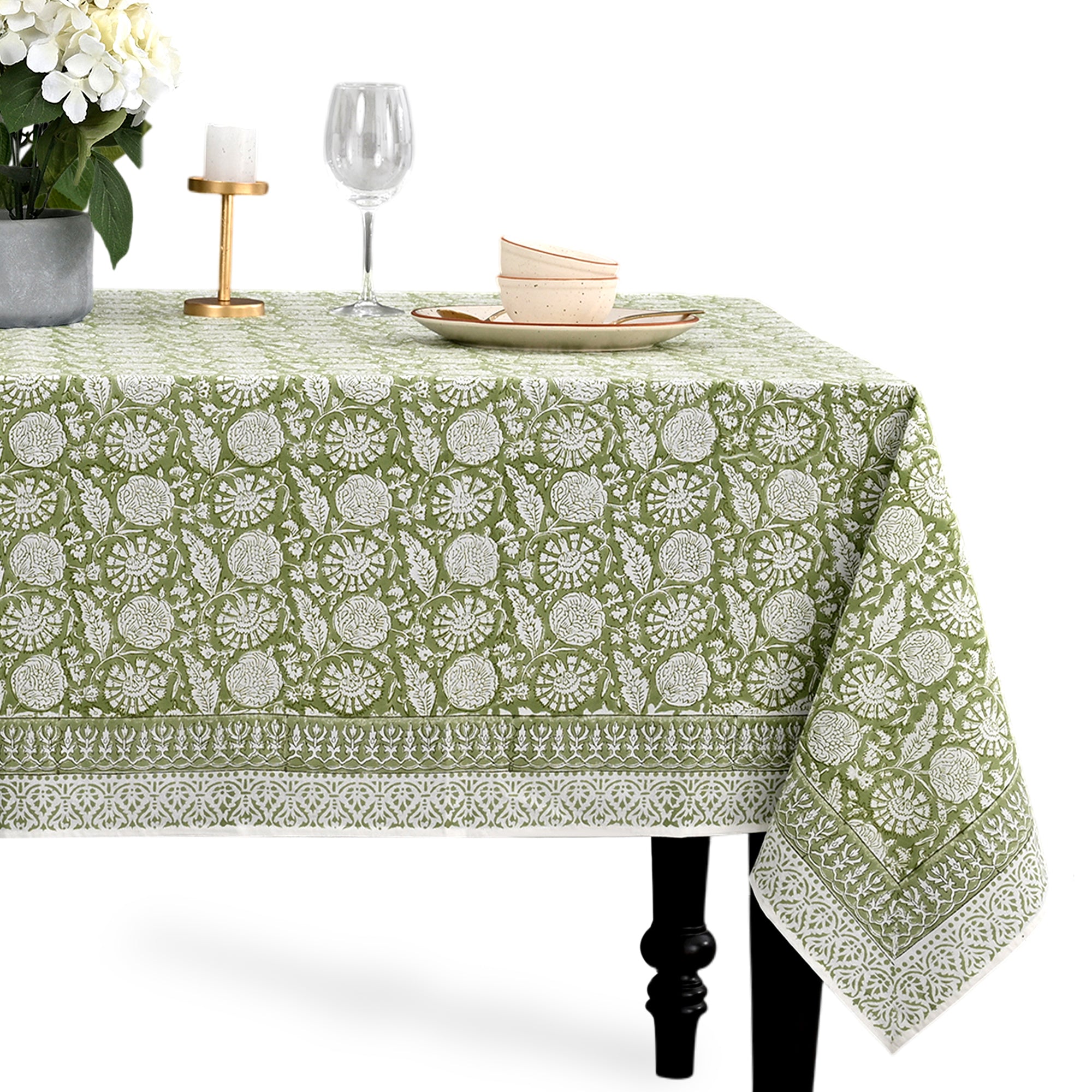 Cotton Block Print Tablecloth – Olive Bloom